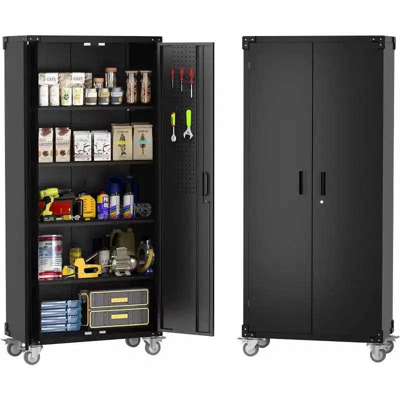 72 High Metal Storage Cabinet with Wheels, Cold Rolled Steel Tool Cabinet, 4 Adjustable Shelves, Lockable Rolling