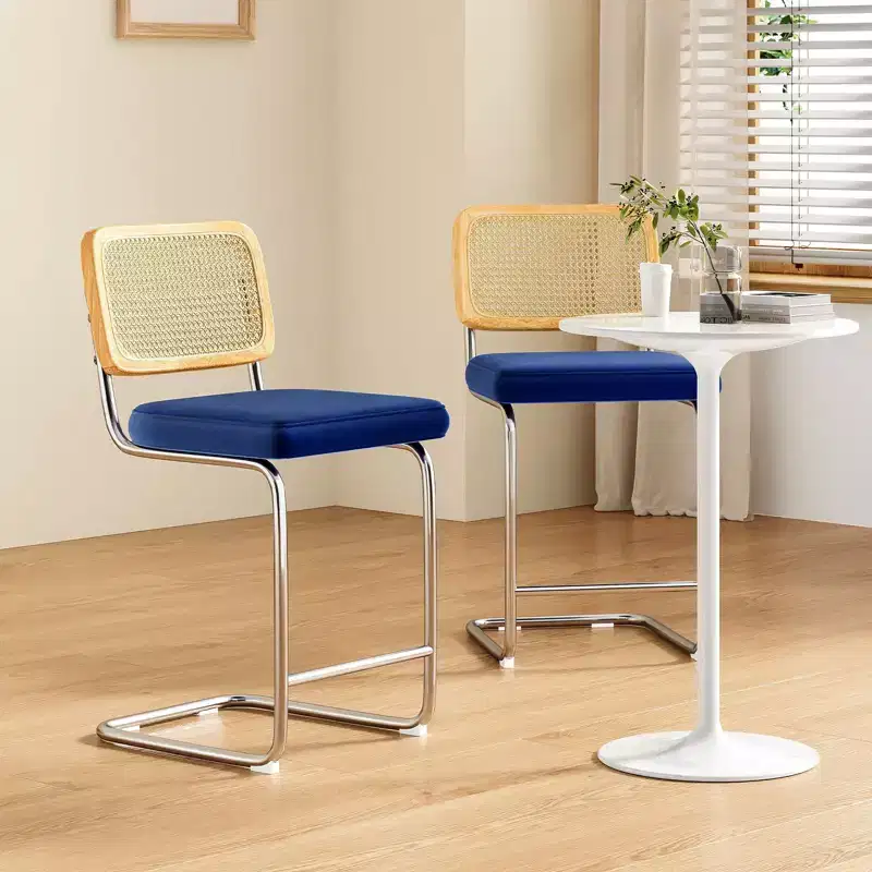 2Pcs Counter Height Bar Stools Upholstered Velvet Barstools with Rattan Back 24 inch Stools Armless Bar Chairs for Kitchen Island Royal Blue