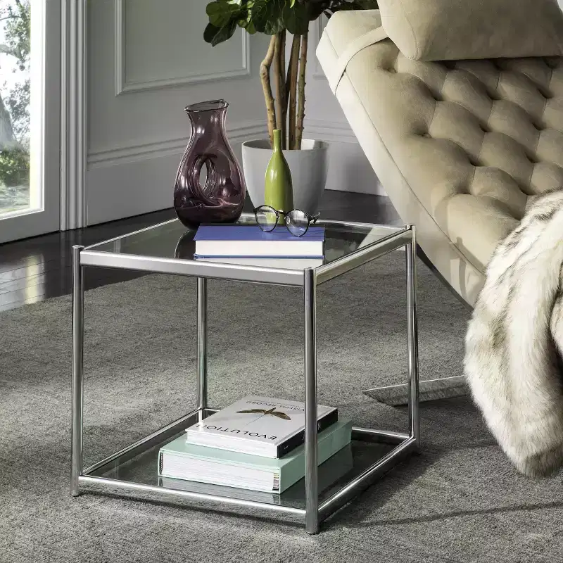 Lilias Modern Chrome & Glass End Table with Open Shelf