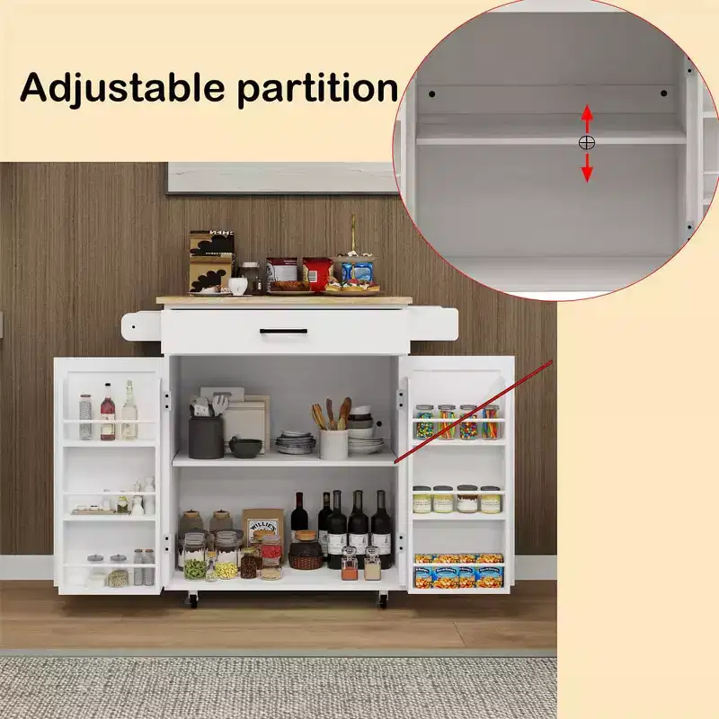 Kitchen Island Rolling Cart with Worktop, Spice Rack, Towel Rack & Drawer, Mobile Trolley Storage Cart for Kitchen Dining Room