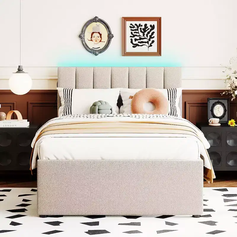 Double upholstered platform bed with pull-out bed frame and LED lights
