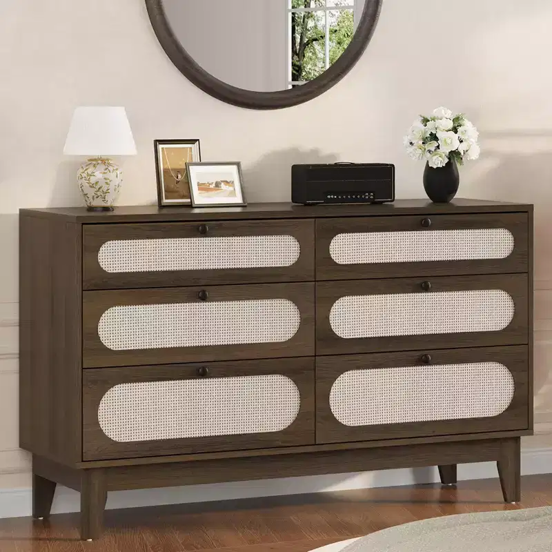 6 Rattan Drawer Dresser, with USB Ports and Outlets, 6 Chests of Drawers Storage