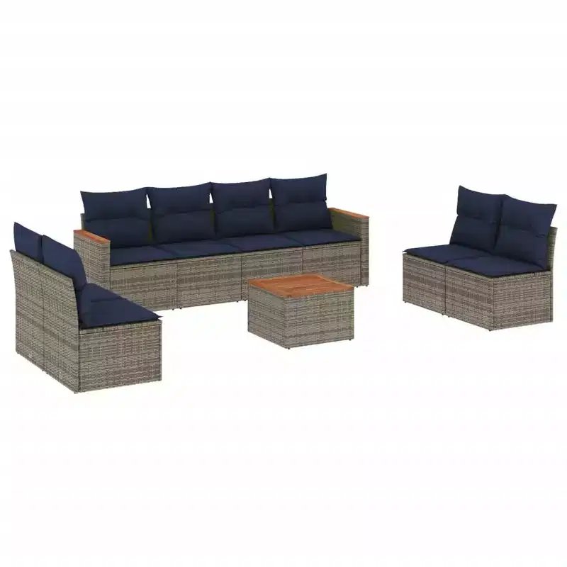vidaXL 9 Piece Garden Sofa Set with Cushions Grey Poly Rattan