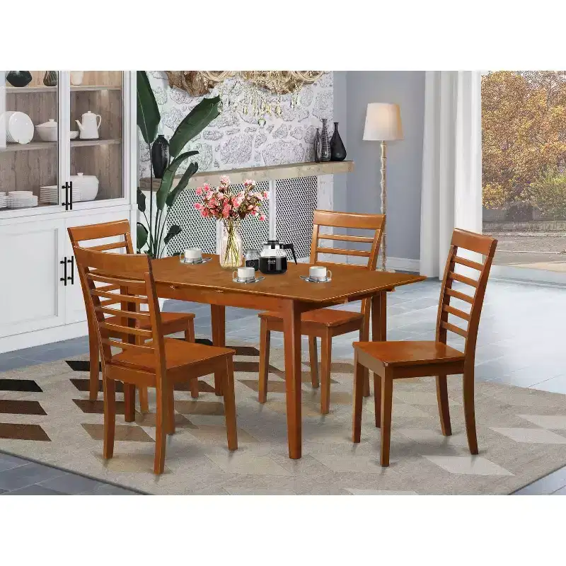 5-Piece Saddle Brown Finish Solid Wood Top - Dining Room - Seats 4