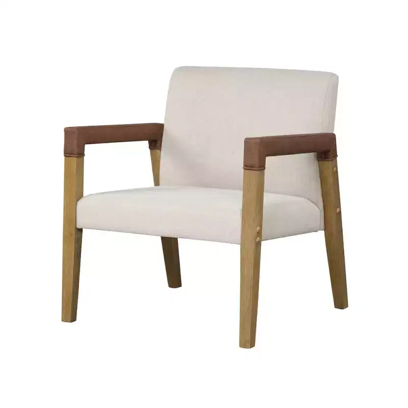 Nathan James Set of 2 Hudson Wood and Faux Leather Accent Chairs Flax
