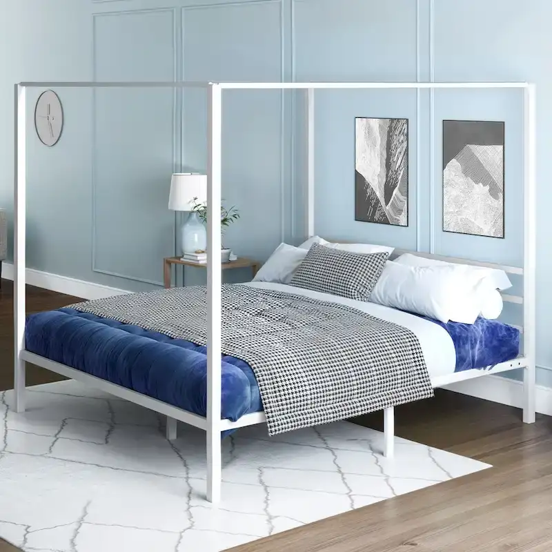 King Size White Metal Canopy Platform Bed Frame