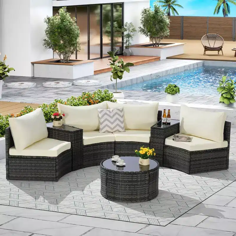 GDFStudio Halcyon 7 Piece Half-Moon Outdoor Wicker and Metal Chat Set with Tempered Glass Table