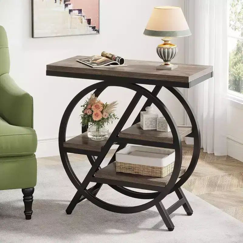 Zeus & Ruta 25.59 Modern Gray End Table with Geometric Metal Frame and 3-Tier Storage Shelves