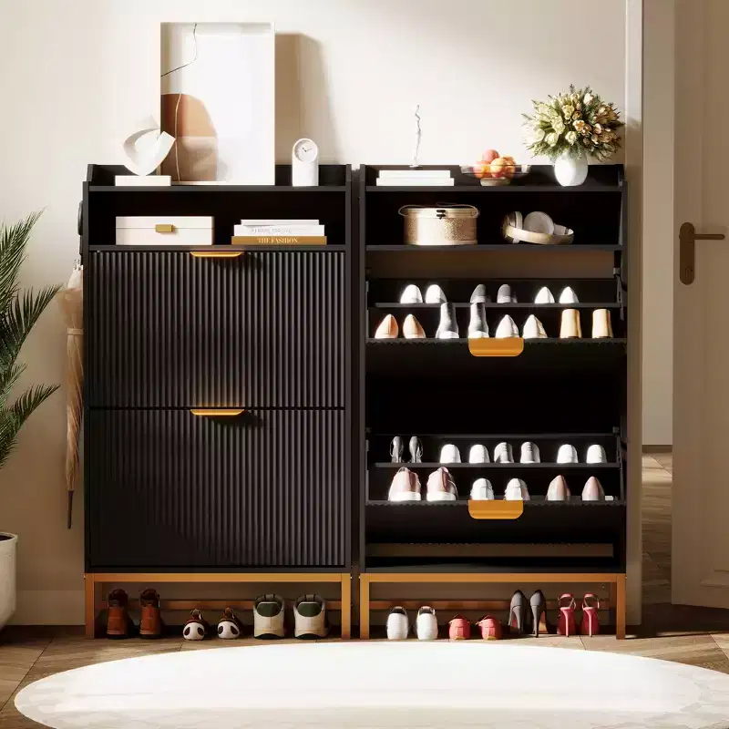 Wood Shoe Cabinet Storage for Entryway with 2 Flip Drawers & Open Storage Shelf, Adjustable Levels,Gold Metal Handles&Fluted Panel