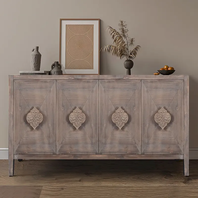 Antique Carved Flower Door Sideboard Storage Cabinet