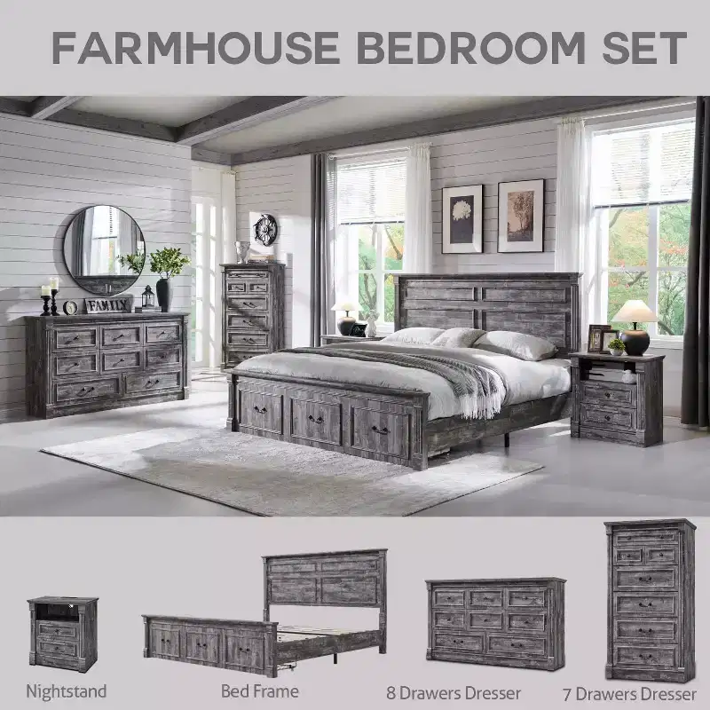 26 Nightstand with Charging, 23.6 Farmhouse Table Open Shelf & 2 Drawers
