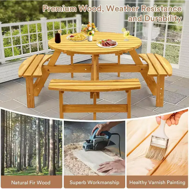 Zevemomo 8 Person Wood Picnic Table,Round Tabletop with Umbrella Hole,4 Built-in Curved Benches,2220LBS Total Capacity for Backyard,Light Wood Color
