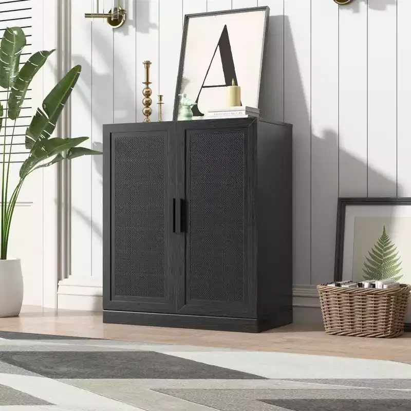 36x31x16 Wood Grain Buffet Cabinet in Black, Storage Organizer with Adjustable Shelves and Rattan Doors for Kitchen Bedroom Entryway Living Room