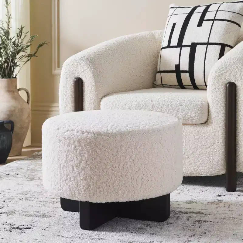 Faux Shearling Round Ottoman with Rubberwood Base