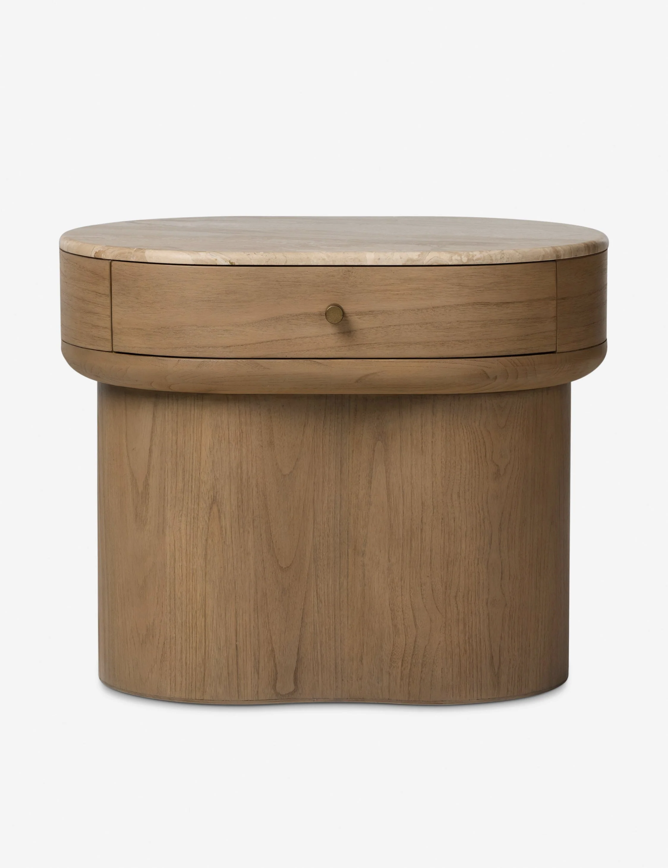 Nightstand - Warm wood, soft curves, and a cream marble top make the nightstand feel instantly elevated