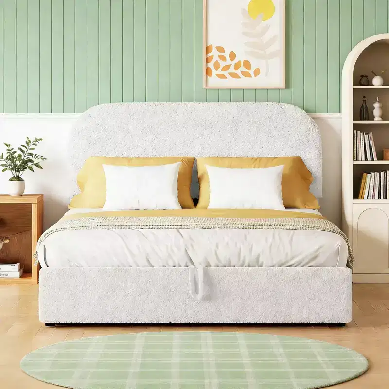 Luxystar Modern Full Size Teddy Fleece Upholstered Platform Bed with Hydraulic Storage System