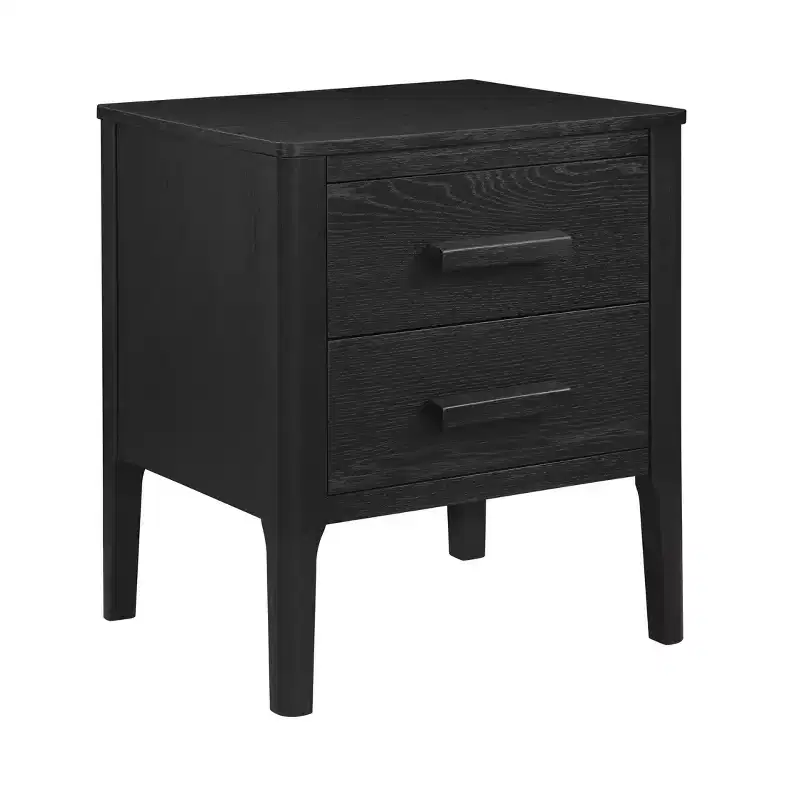 Wiley Solid Wood Mid-Century Modern 2 Drawer Side Table Black - Linon: Oak Veneer, Rubberwood Legs, Storage