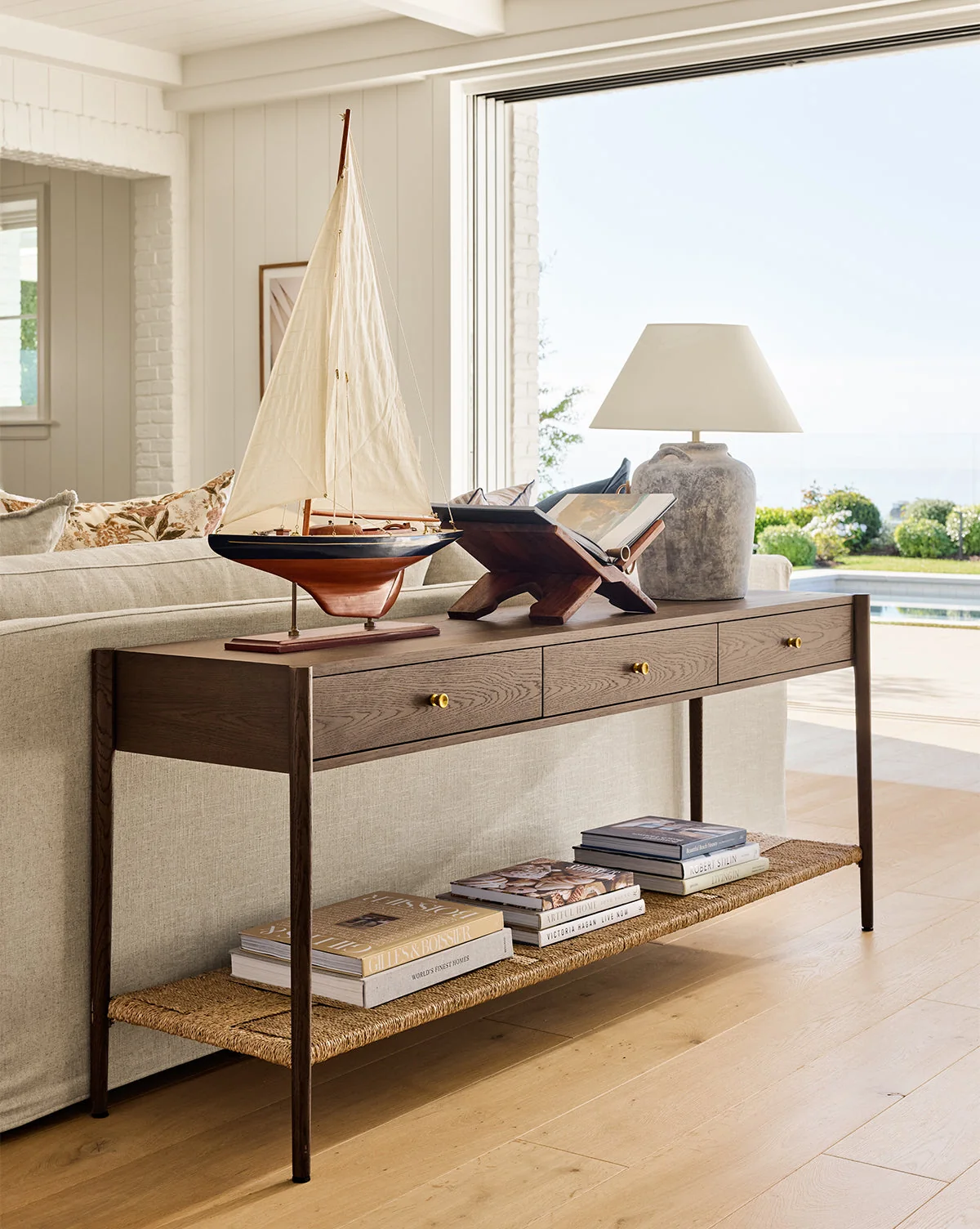 Modern Walnut Oak Console Table with Warm Finish for Living Room