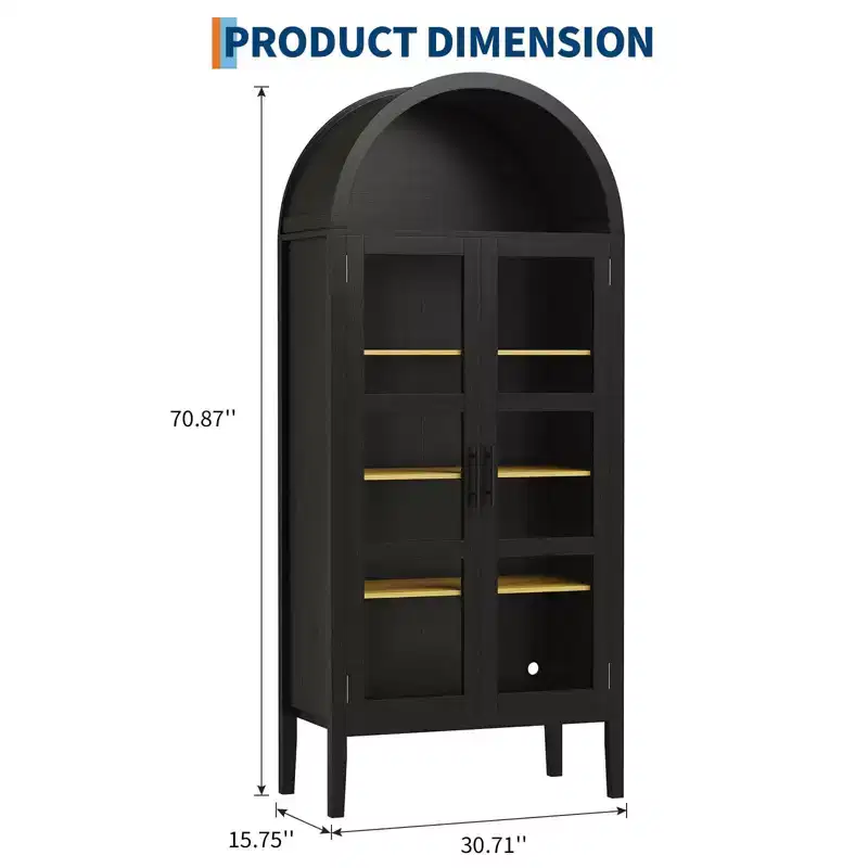 70 Tall Arched Kitchen Pantry Cabinet, Wooden Cupboard Storage Cabinet with Glass Doors & Adjustable Shelves, Freestanding Bookshelf Display Cabinet