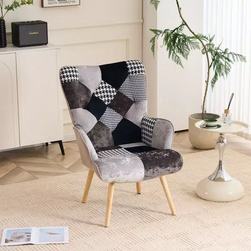 Patchwork Upholstered Accent Chair, Living Room Lounge Chair with Wingback and Armrest