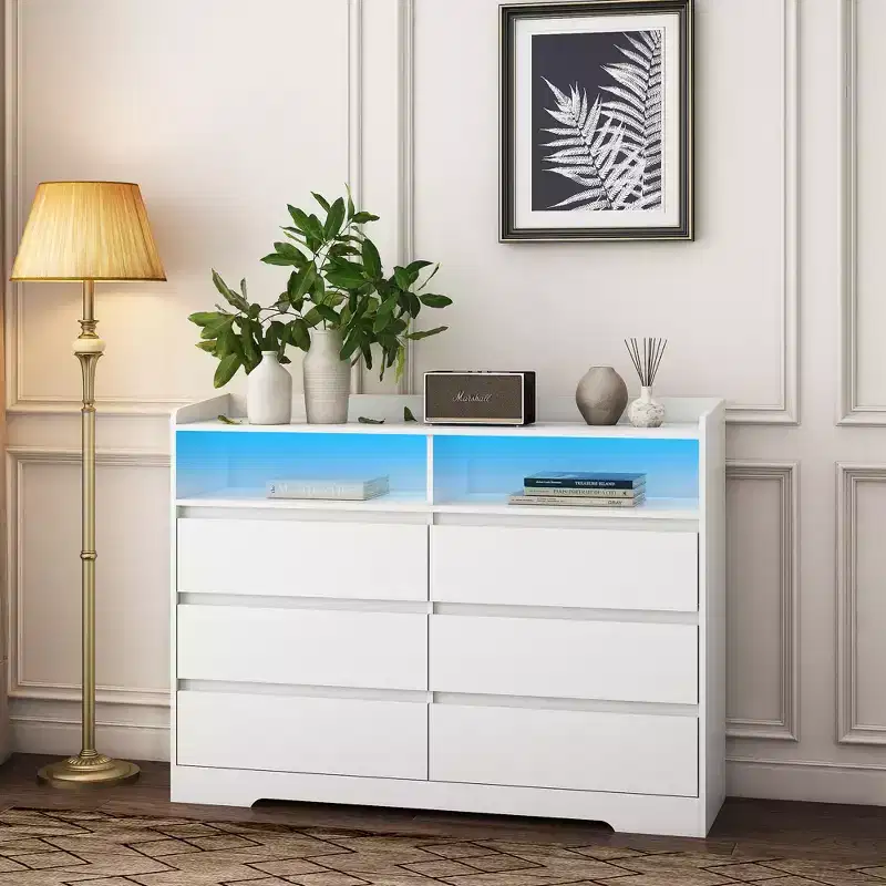 GDFStudio Barnard Modern 51.2 Rectangle Sideboard with 6 Drawers and Adjustable Lighting