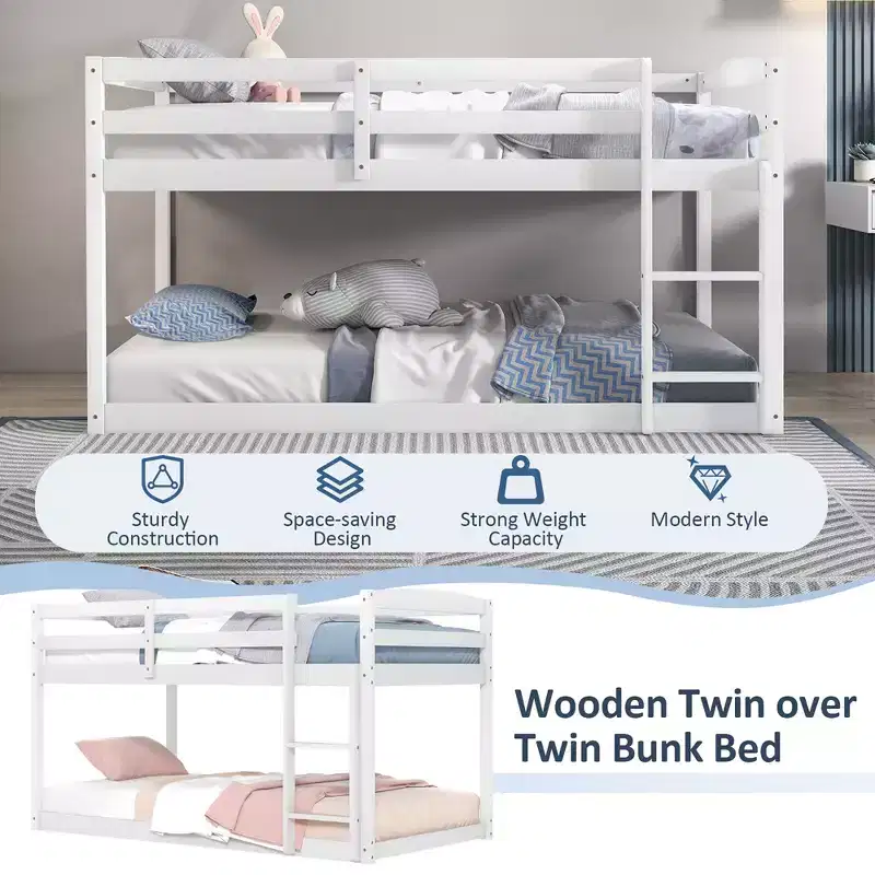 Costway Twin over Twin Low Bunk Bed with Guardrails Integrated Ladder Kids Wooden Grey/White/Beige/Pink