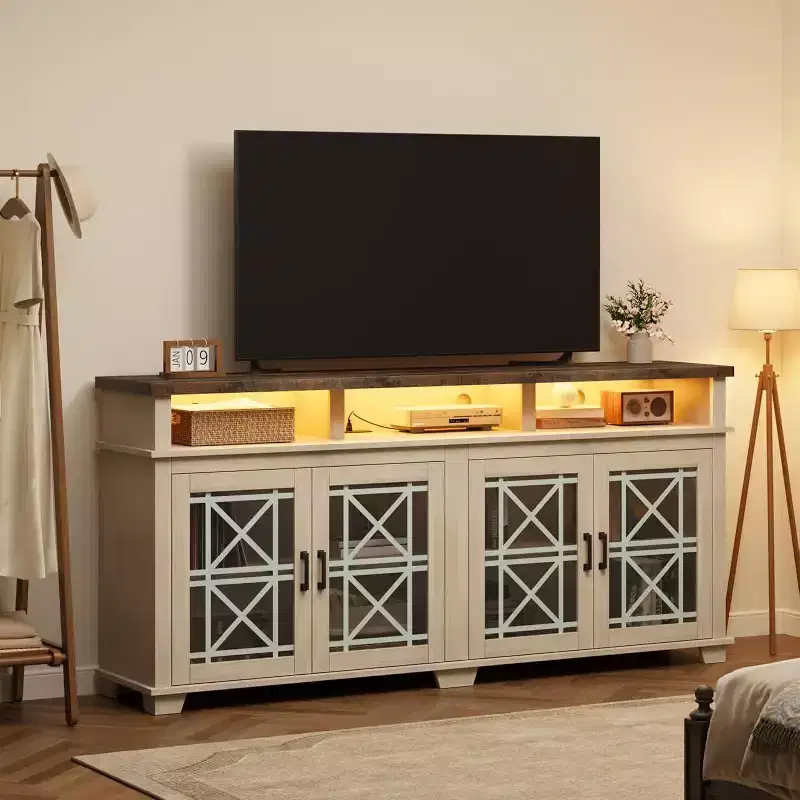 Farmhouse TV Stand for 70 Inch TV, Modern Entertainment Center with Glass Doors and Storage, Media Console Cabinet for Living Room, White