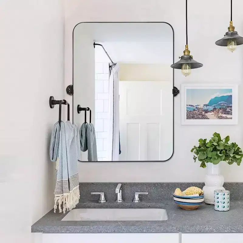 35.83x24.02x1.57in Wrought Iron Rounded Rectangle Black Swivel Metal Hanging Mirror