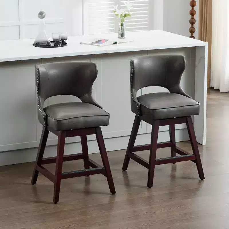 Swivel Nailhead Counter Bar Stools Set of 2 Upholstered 360° Solid Wood Legs 26