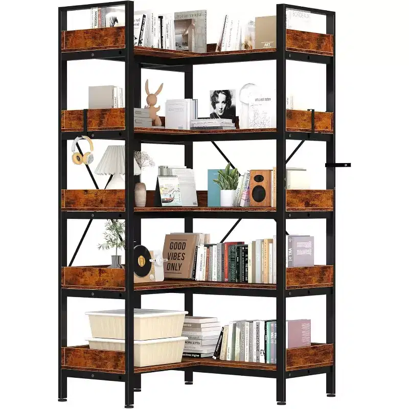 Acekool L Shaped 5 Tier Bookcase, Industrial Corner Bookshelf, Metal Frame, Adjustable Feet, for Living Room, Rustic Brown