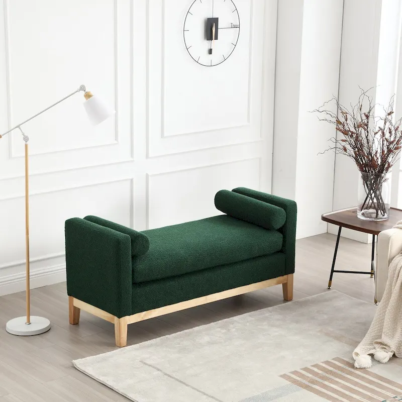 53.5W Elegant Boucle Upholstered Bench, Ottoman with Wood Legs & Bolster Pillows