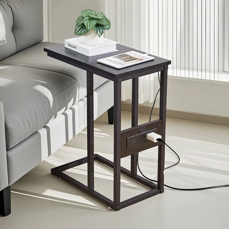 C Shaped Side Table, Small End Table with USB Ports and Outlets for Small Spaces