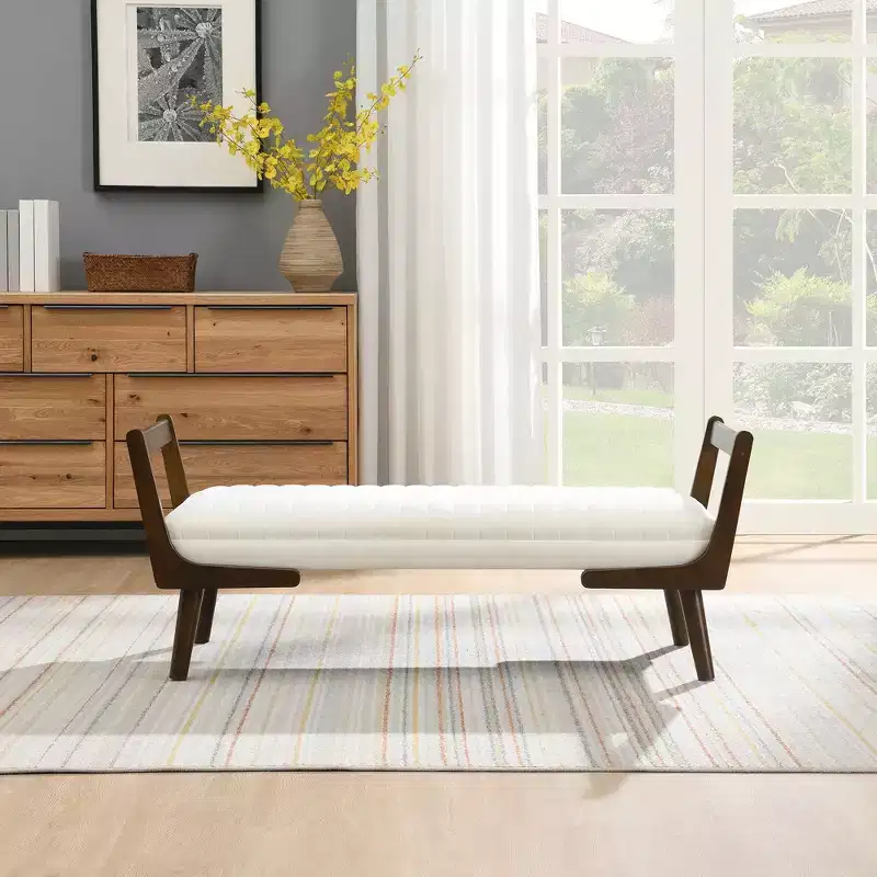 GDFStudio Indra Mid-Century Modern 52 Rubberwood Upholstered Bench