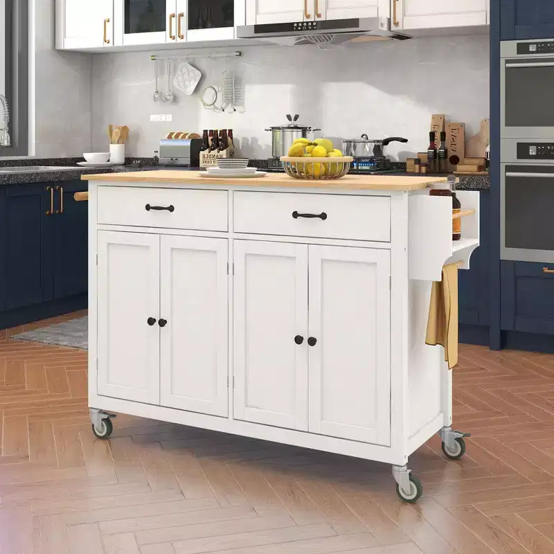 54.3 Inch Kitchen Island Cart with Solid Wood Top, Locking Wheels, 4-Door Cabinet, Two Drawers, Spice Rack & Towel Rack, White