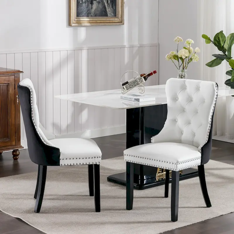High Back Dining Chairs Set of 2, Upholstered PU Leather Kitchen Chairs Side Chair with Rear Handle Wood Legs
