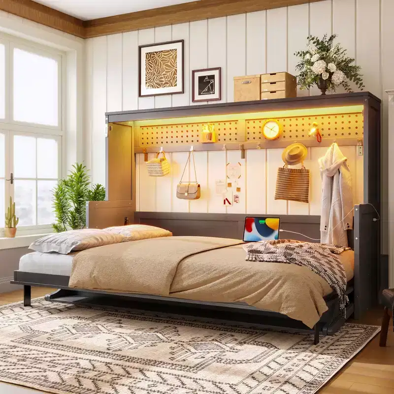 GDFStudio Dalton Wood Murphy Bed with Built-in Desk and USB Charging Station