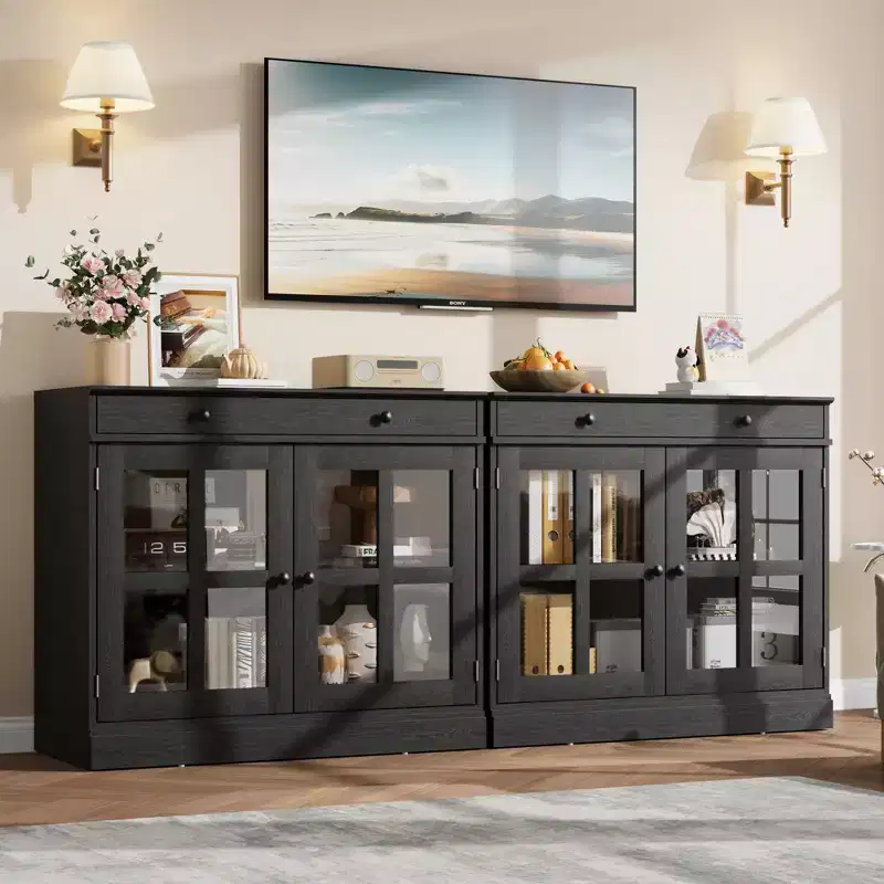 35.4 Sideboard Buffet Cabinets with Glass Door, Sideboard Cabinet with Drawer, Modern Sideboard Buffet for Bedroom, Dining Room, Living Room