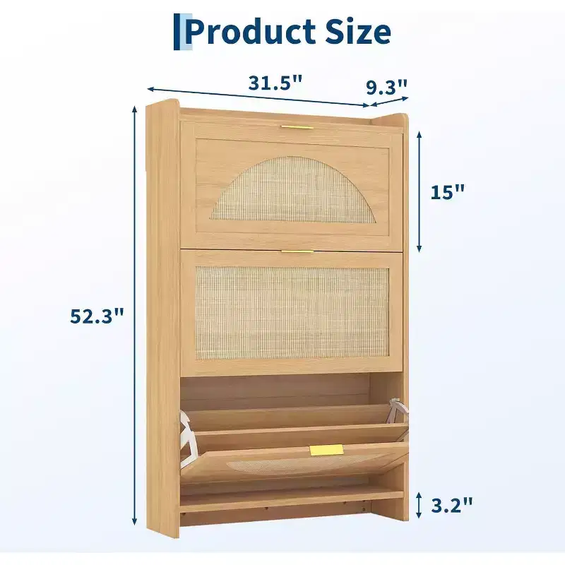 Rattan Shoe Storage Cabinet with 3 Flip Drawers, Free Standing Narrow Shoe Organizer Cabinet with Rattan Doors, Wooden Shoe Rackf for Entryway
