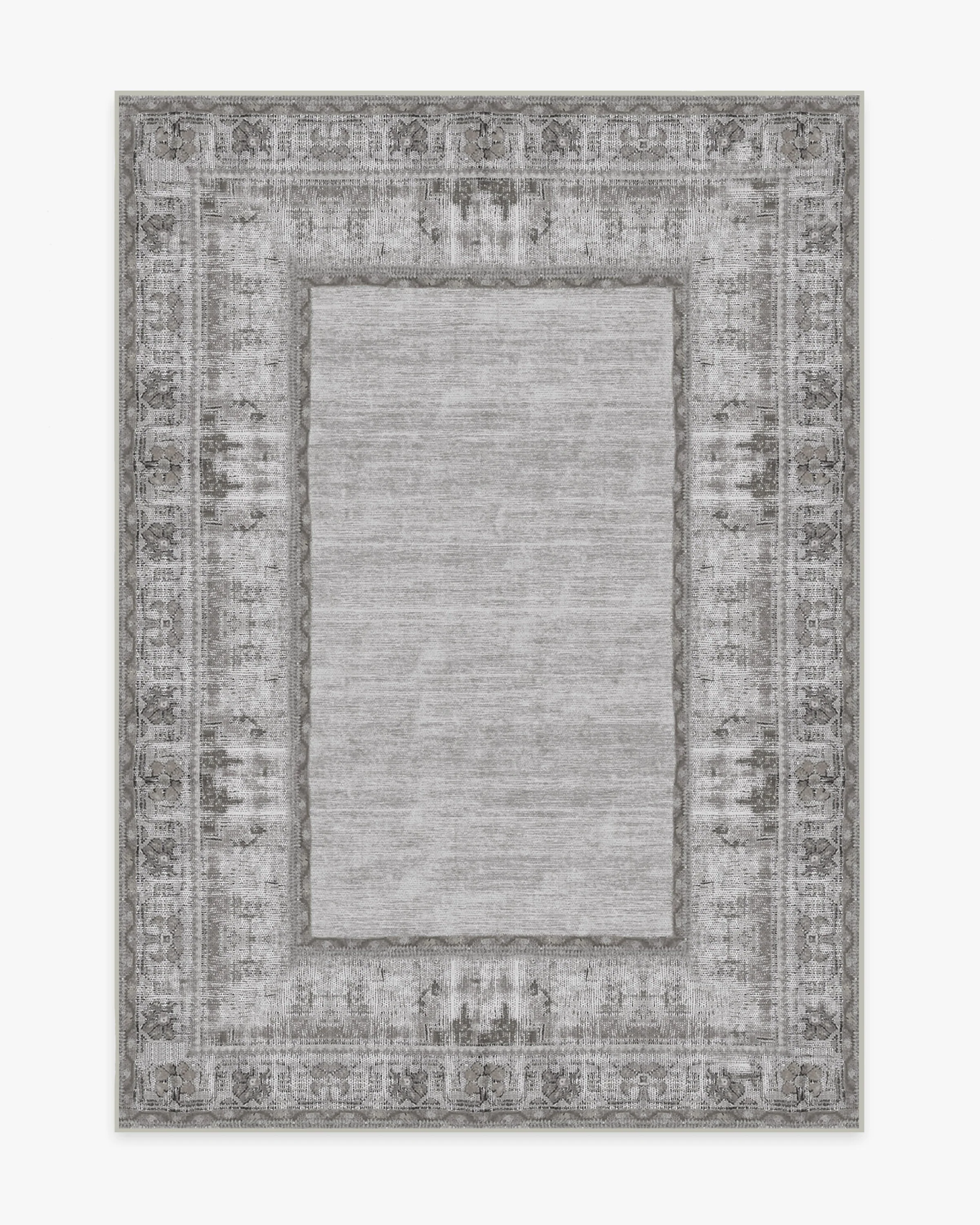 Cottage Vintage Flatwoven Rug with Grey Ivory Distressed Daisy Border for Living Room & Bedroom