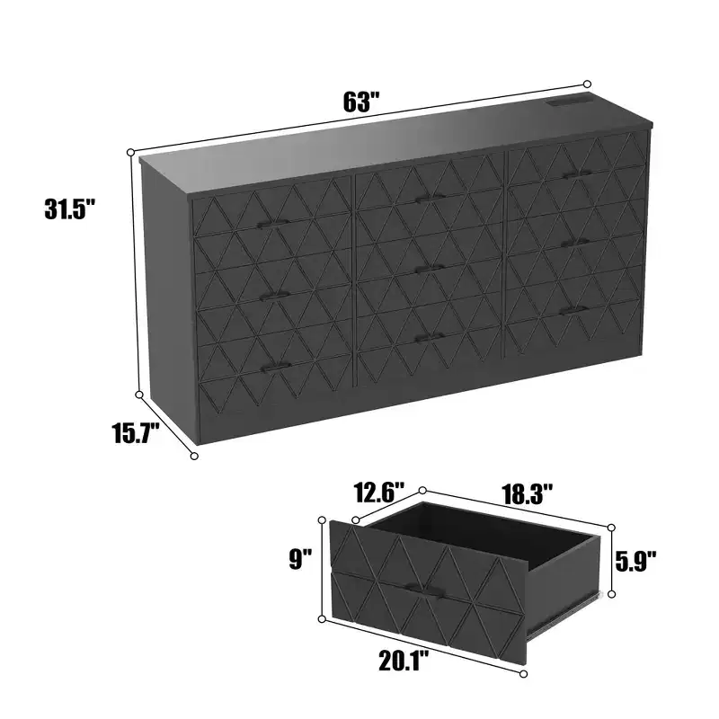 Modern 9-Drawer Dresser with Built-In Power Outlet, Large Storage Chest for Bedroom, Closet, Living Room, or Hallway