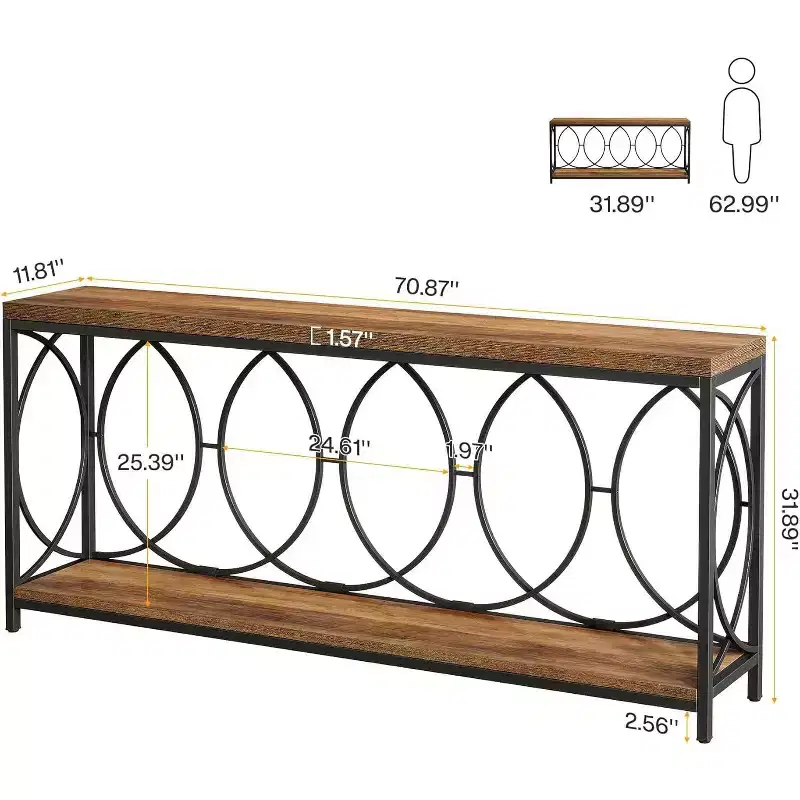 Lantine 70.9-inch extra long industrial console table with 2 tiers and storage shelf, suitable for living room, entryway, hallway, in rustic brown.