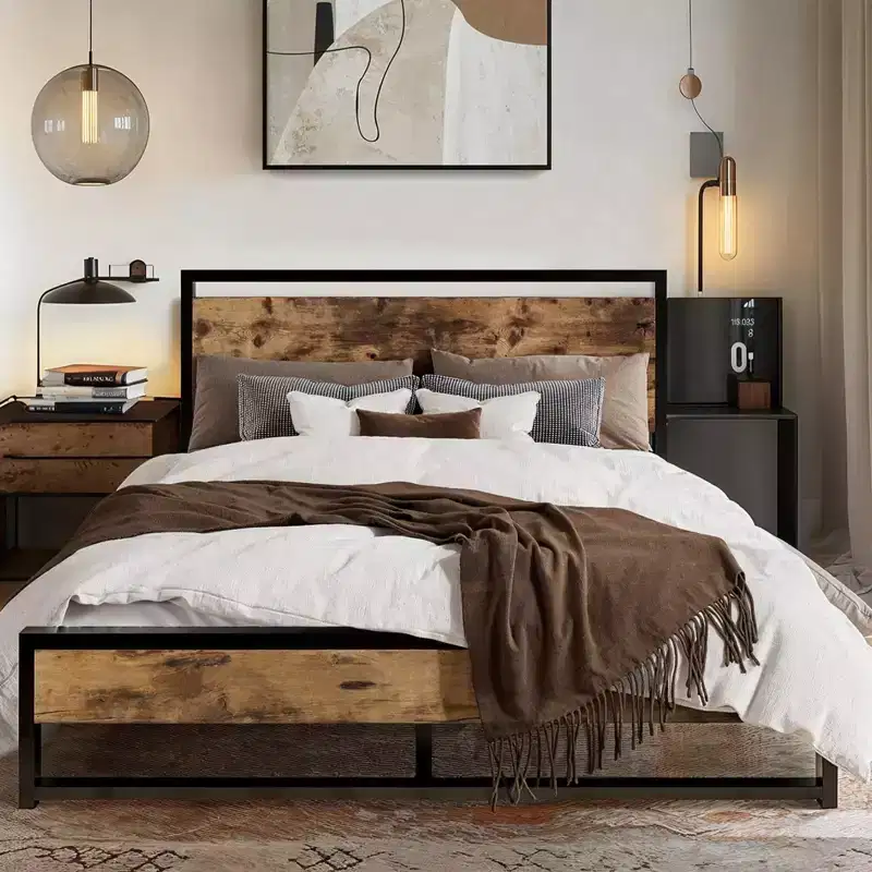 Metal Bed Frame with Rustic Headboard & Footboard - No Box Spring Needed, 8.6