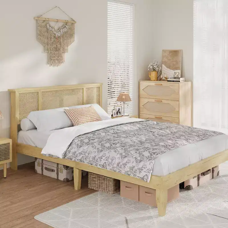 Bed Frame with Natural Rattan Headboard, Wood Platform Beds Strong Wooden Slats, No Box Spring Required, Noise Free, Easy Assembly