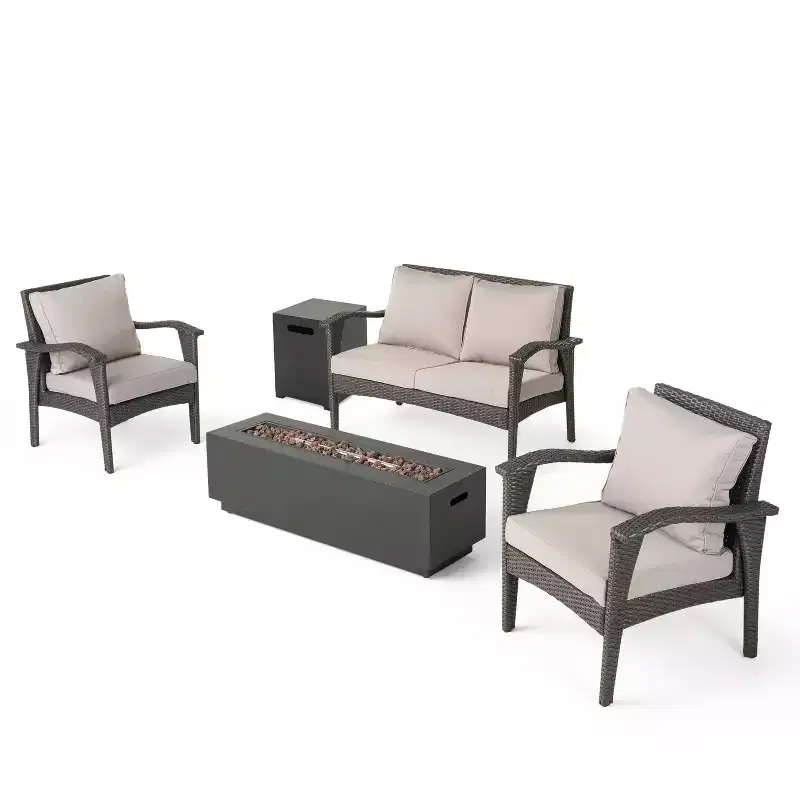 GDFStudio Houlihan Outdoor Wicker 4 Seater Chat Set with Fire Pit