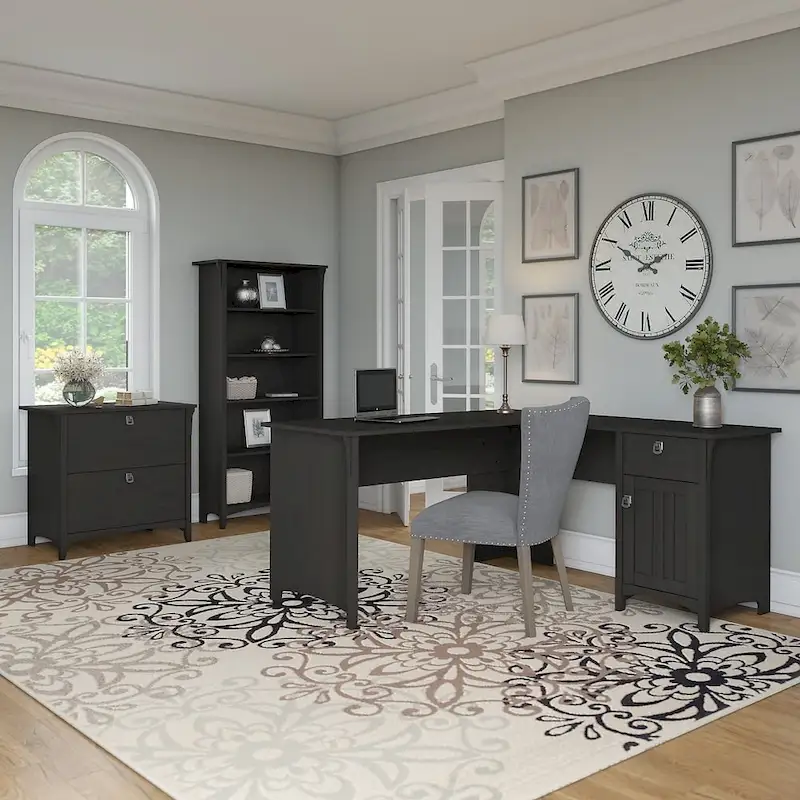 Vintage Black L-Shaped Desk with File Cabinet & Bookcase, 1-Person