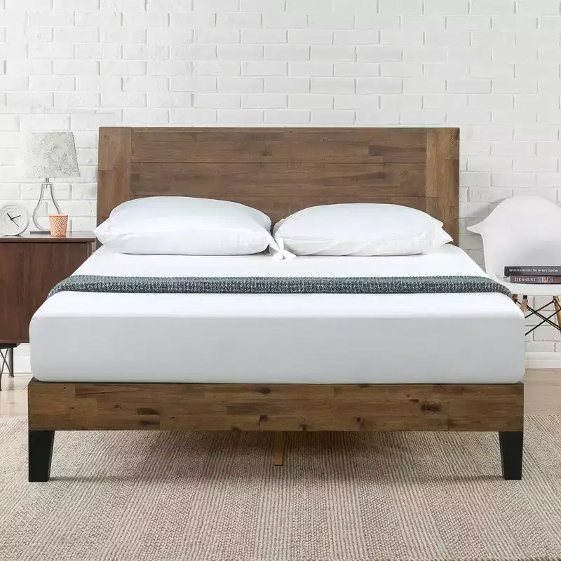 Wood Platform Bed Frame with Headboard Brown
