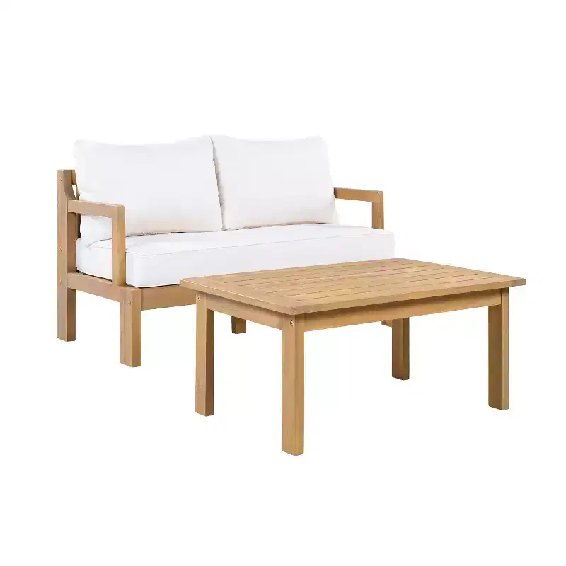 Christopher Knight Home Graziella Modern 2 Piece Patio Acacia Wood Loveseat Sofa and Coffee Table