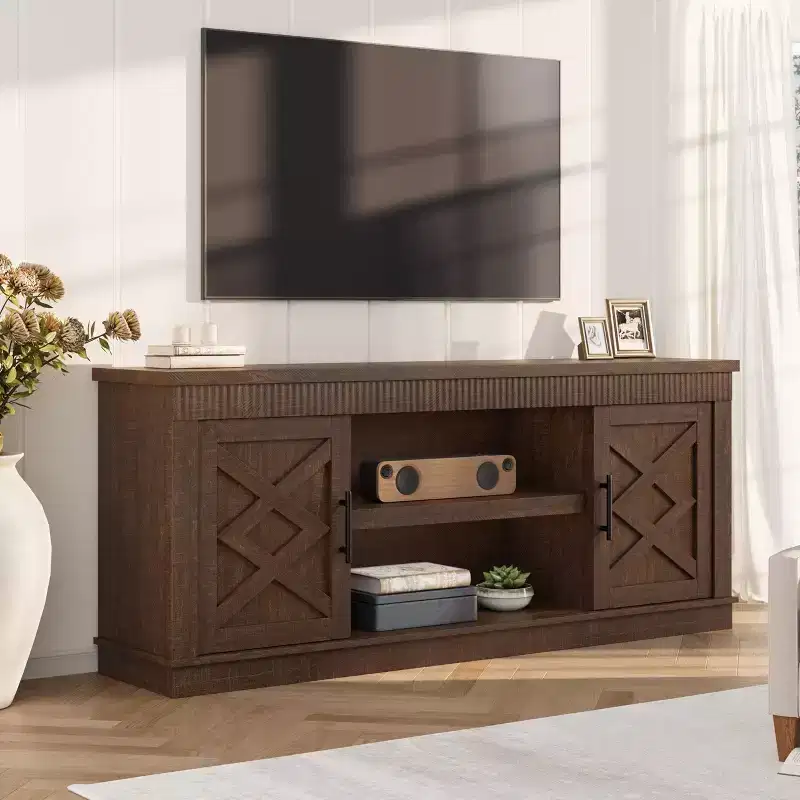 Farmhouse TV Stand for Tv Up to70 in, Fluted Entertainment Center w/ 2 Doors, 65 in Rustic Television Consoles Stands for Living Room, Bedroom