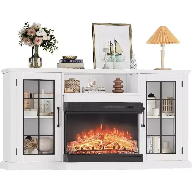 White 59 Fireplace TV Stand Cabinet with 3 Sided Glass, Rustic Glass Door Storage Distressed with Electric heater & LED Lights for Living Room