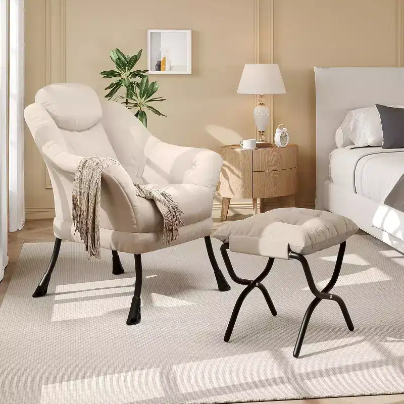 Lazy Chair Modern Living Room Chairs, Ergonomic Reading Chair with Armrests, Comfy Chair with Ottoman for Bedroom Office